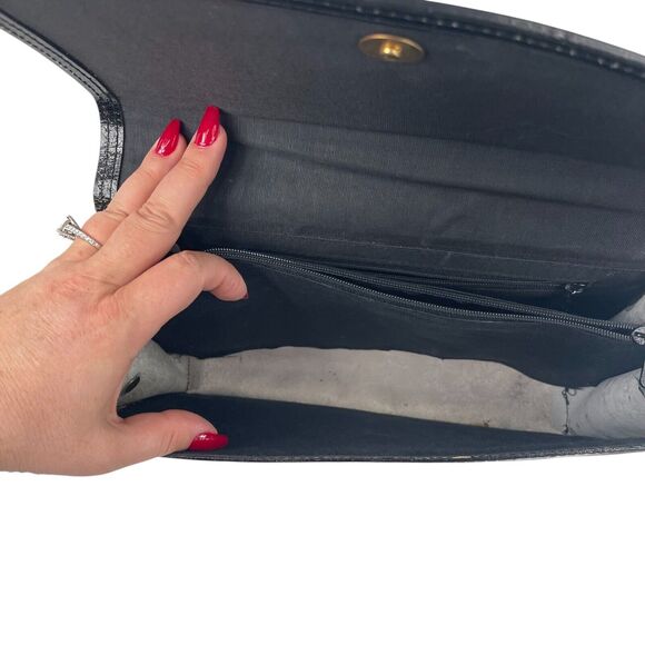 VTG 70s Vivace Black Patent Eel Skin Medium Purse Envelope Clutch Asymmetrical - Picture 5 of 12